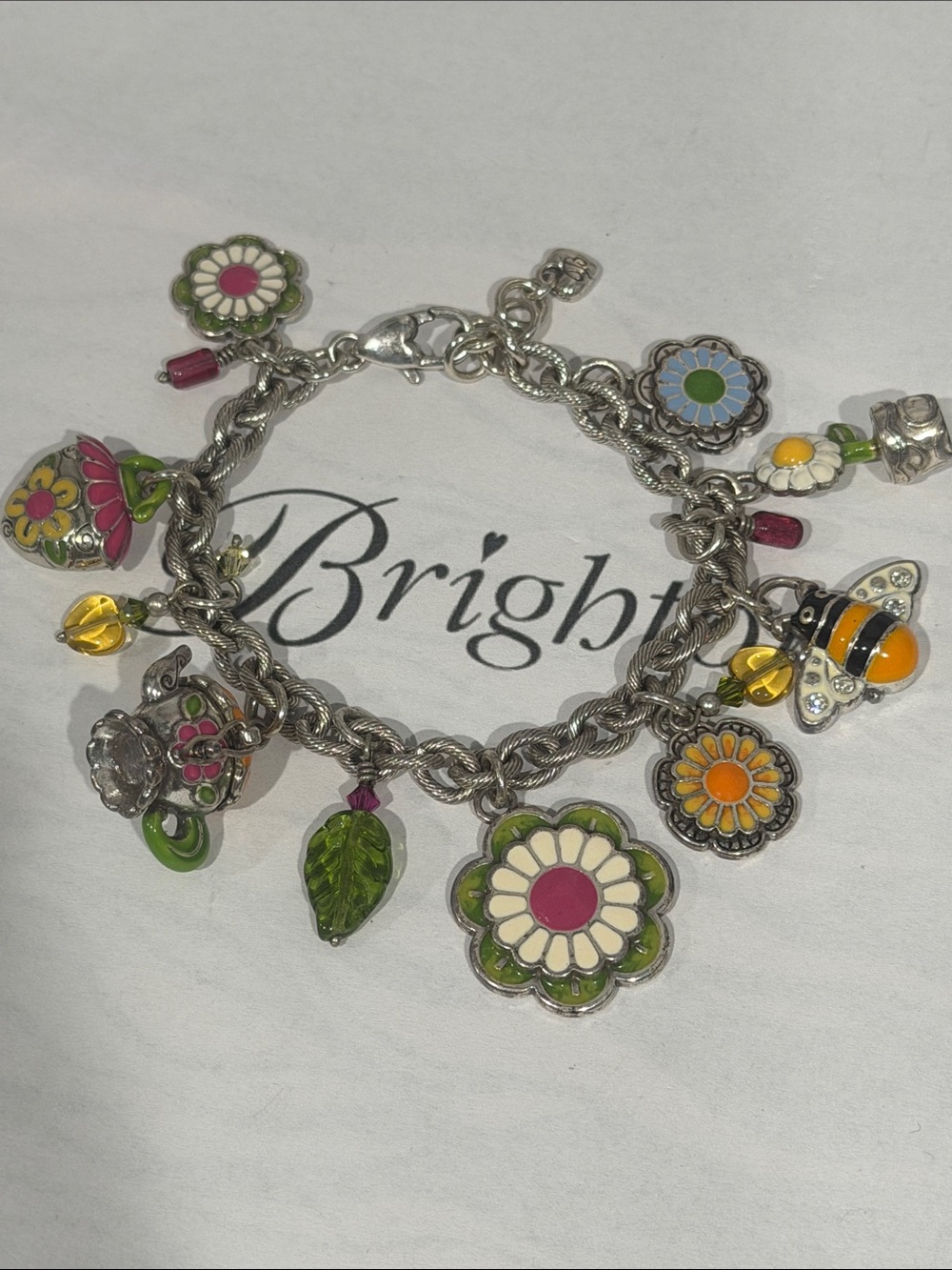 🌸 RARE Brighton VTG SLVR Charm Bracelet with Pink Yellow & Green Enamel Accents!